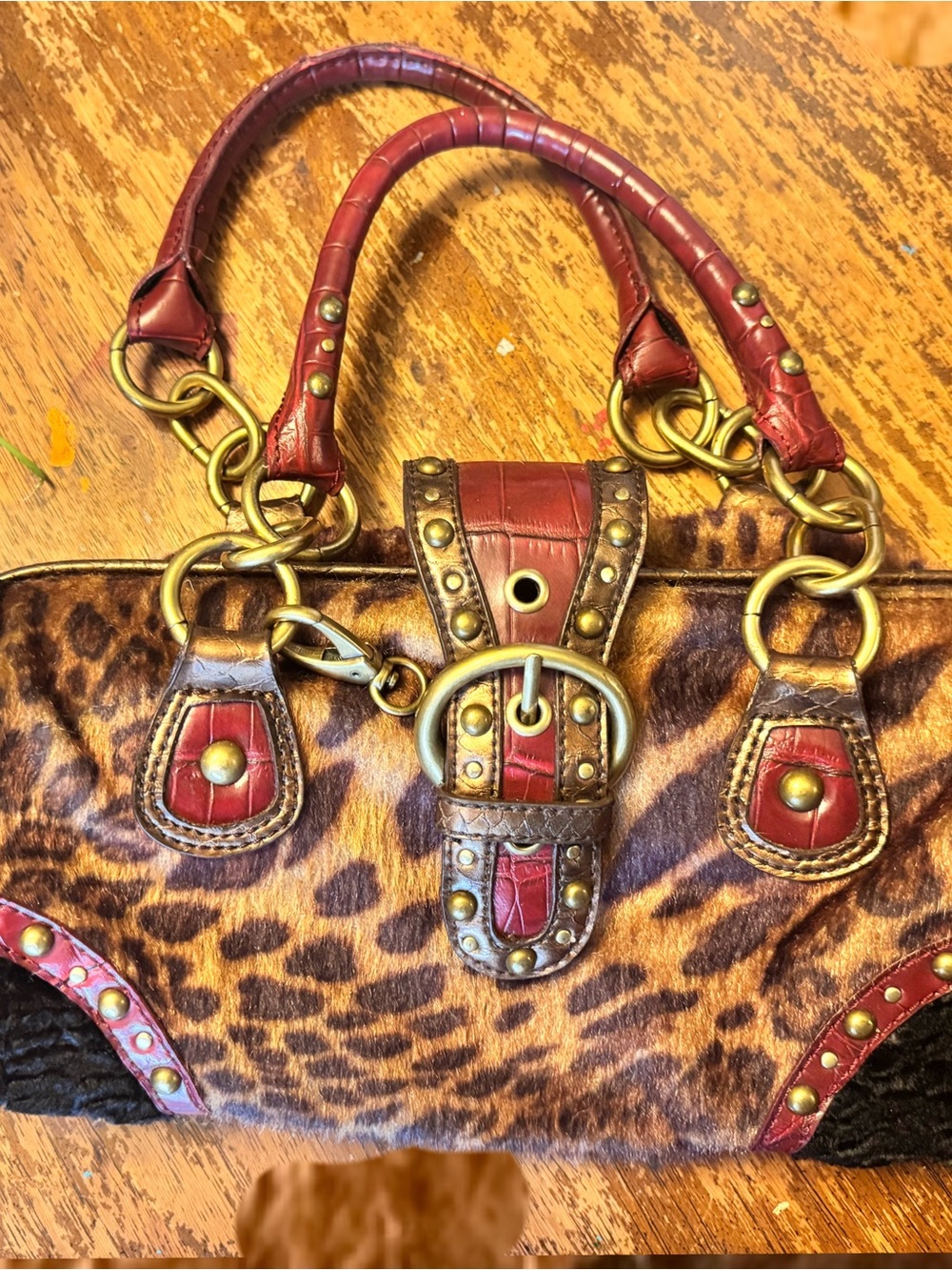 Nine West Leopard Print Satchel with Red Trim and Brass Hardware